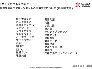 All Rights Reserved Copyright (C) Bee Technologies Inc. デザインキットについて 現在開発中のデザインキットの回路方式について (25 回路方式 ) 降圧チョッパ  昇圧チョッパ  昇降圧チョッパ  フォワード  フライバック  フルブリッジ  ハーフブリッジ  プッシュプル  CUK  SEPIC  ZETA  絶縁 CUK  電圧共振  電流共振  共振  E 級共振  複共振  アクティブクランプ  位相シフト  同期整流  電流モード  力率改善  マルチフェーズ  電流型  三相フルブリッジインバータ  2005 年 11 月 11 日現在 