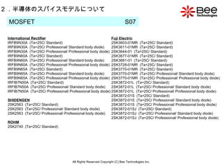 All Rights Reserved Copyright (C) Bee Technologies Inc. 2 ．半導体のスパイスモデルについて MOSFET  S07  International Rectifier IRFB9N30A  (Ta=25C/ Standard) IRFB9N30A  (Ta=25C/ Professional/ Standard body diode) IRFB9N30A  (Ta=25C/ Professional/ Professional body diode) IRFB9N60A  (Ta=25C/ Standard) IRFB9N60A  (Ta=25C/ Professional/ Standard body diode) IRFB9N60A  (Ta=25C/ Professional/ Professional body diode) IRFB9N65A  (Ta=25C/ Standard) IRFB9N65A  (Ta=25C/ Professional/ Standard body diode) IRFB9N65A  (Ta=25C/ Professional/ Professional body diode) IRFIB7N50A  (Ta=25C/ Standard) IRFIB7N50A  (Ta=25C/ Professional/ Standard body diode) IRFIB7N50A  (Ta=25C/ Professional/ Professional body diode) SHIDENGEN 2SK2563  (Ta=25C/ Standard) 2SK2563  (Ta=25C/ Professional/ Standard body diode) 2SK2563  (Ta=25C/ Professional/ Professional body diode) ROHM 2SK2740  (Ta=25C/ Standard) Fuji Electric 2SK3603-01MR  (Ta=25C/ Standard) 2SK3611-01MR  (Ta=25C/ Standard) 2SK3644-01  (Ta=25C/ Standard) 2SK3677-01MR  (Ta=25C/ Standard) 2SK3681-01  (Ta=25C/ Standard) 2SK3728-01MR  (Ta=25C/ Standard) 2SK3770-01MR  (Ta=25C/ Standard) 2SK3770-01MR  (Ta=25C/ Professional/ Standard body diode) 2SK3770-01MR  (Ta=25C/ Professional/ Professional body diode) 2SK3872-01L  (Ta=25C/ Standard) 2SK3872-01L  (Ta=25C/ Professional/ Standard body diode) 2SK3872-01L  (Ta=25C/ Professional/ Professional body diode) 2SK3872-01S  (Ta=25C/ Standard) 2SK3872-01S  (Ta=25C/ Professional/ Standard body diode) 2SK3872-01S  (Ta=25C/ Professional/ Professional body diode) 2SK3872-01SJ  (Ta=25C/ Standard) 2SK3872-01SJ  (Ta=25C/ Professional/ Standard body diode) 2SK3872-01SJ  (Ta=25C/ Professional/ Professional body diode) 