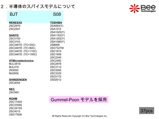 All Rights Reserved Copyright (C) Bee Technologies Inc. 2 ．半導体のスパイスモデルについて BJT  S08  37pcs RENESAS 2SC2979 2SC2547 SANYO  2SC3150 2SC3153 2SC3467D  (TC=25C) 2SC3467D  (TC=80C) 2SC3467D  (TC=110C) 2SC3467D  (TC=150C) STMicroelectronics BUL381D BUL416 2N3055  MJ2955  SHINDENGEN   2SC4054  NEC  2SC945  ROHM   2SC1740S  2SC3359S  2SC3415S  2SC4015  2SD1782K  TOSHIBA 2SA950(Y) 2SA1015 2SA1020(Y) 2SA1162(Y) 2SA1202(Y) 2SA1586(Y) 2SB906 2SC732TM 2SC1815 2SC1959 2SC2240 2SC2482 2SC2878 2SC3112 2SC3265 2SC3329 2SC5172 2SD2012 Gummel-Poon モデルを採用 