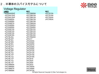 All Rights Reserved Copyright (C) Bee Technologies Inc. 2 ．半導体のスパイスモデルについて Voltage Regulator  S12  64pcs NEC uPC24A05HF uPC24A12HF uPC24A15HF uPC24M05A uPC24M06A uPC24M07A uPC24M08A uPC24M09A uPC24M10A uPC24M12A uPC24M15A uPC24M18A uPC78L05J uPC78L05T uPC78L06J uPC78L06T uPC78L07J uPC78L07T uPC78L08J uPC78L08T uPC78L10J uPC78L10T uPC78L12J uPC78L12T uPC78L15J uPC78L15T uPC78M05A uPC78M06A uPC78M07A uPC78M08A NEC uPC78M09A uPC78M10A uPC78M12A uPC78M15A uPC78M18A uPC78M24A uPC78N05H uPC78N08H uPC78N10H uPC78N12H uPC78N15H uPC78N18H uPC78N24H uPC317 uPC2405A uPC2406A uPC2407A uPC2408A uPC2409A uPC2410A uPC2412A uPC2415A uPC2418A uPC3018 uPC3025 uPC3504 uPC3533 uPC7805A uPC7808A uPC7812A NEC uPC7815A uPC7818A uPC7824A uPC7893A 