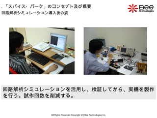 All Rights Reserved Copyright (C) Bee Technologies Inc. 回路解析シミュレーション導入後の姿 回路解析シミュレーションを活用し、検証してから、実機を製作 を行う。試作回数を削減する。 1 ．「スパイス・パーク」のコンセプト及び概要 