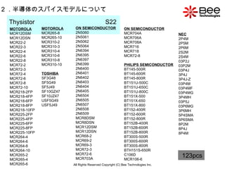 All Rights Reserved Copyright (C) Bee Technologies Inc. 2 ．半導体のスパイスモデルについて Thysistor  S22   MOTOROLA MCR12DSM MCR12DSN MCR22-2 MCR22-3 MCR22-4 MCR22-6 MCR22-8 MCR72-2 MCR72-3 MCR72-4 MCR72-6 MCR72-8 MCR72-10 MCR218-2FP MCR218-4FP MCR218-6FP MCR218-8FP MCR218-10FP MCR225-2FP MCR225-4FP MCR225-6FP MCR225-8FP MCR225-10FP MCR264-4 MCR264-6 MCR264-8 MCR264-10 MCR265-2 MCR265-4 MCR265-6 MOTOROLA MCR265-8 MCR265-10 MCR310-2 MCR310-3 MCR310-4 MCR310-6 MCR310-8 MCR310-10 TOSHIBA SF3G48 SF5G49 SF5J49 SF10GZ47 SF10JZ47 USF5G49 USF5J49 ON SEMICONDUCTOR 2N5060 2N5061 2N5062 2N5064 2N6394 2N6395 2N6397 2N6399 2N6400 2N6401 2N6402 2N6403 2N6404 2N6405 2N6504 2N6505 2N6507 2N6508 2N6509 MCR8DSM MCR8DSN MCR12DSM MCR12DSN MCR68-2 MCR69-2 MCR69-3 MCR72-3 MCR72-6 MCR703A ON SEMICONDUCTOR MCR704A MCR706A MCR708A MCR716 MCR718 MCR72-8 PHILIPS SEMICONDUCTOR BT145-500R BT145-600R BT145-800R BT151U-500C BT151U-650C BT151U-800C BT151X-500 BT151X-650 BT151X-800 BT152-400R BT152-600R BT152-800R BT152B-400R BT152B-600R BT152B-800R BT300S-500R BT300S-600R BT300S-800R BTH151S-650R C106D MCR106-6 NEC 2P4M 2P5M 2P6M 2S2M 2S4M 03P2J 03P2M 03P4J 3P4J 3P4J-Z 03P4M 03P4MF 03P4MG 3P4MH 03P5J 03P6MG 3P6MH 5P4SMA 5P6SMA 8P2M 8P4J 8P4M 123pcs 
