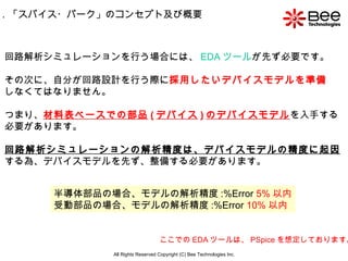 All Rights Reserved Copyright (C) Bee Technologies Inc. 回路解析シミュレーションを行う場合には、 EDA ツール が先ず必要です。 その次に、自分が回路設計を行う際に 採用したいデバイスモデルを準備 しなくてはなりません。 つまり、 材料表ベースでの部品 ( デバイス ) のデバイスモデル を入手する 必要があります。 回路解析シミュレーションの解析精度は、デバイスモデルの精度に起因 する為、デバイスモデルを先ず、整備する必要があります。 ここでの EDA ツールは、 PSpice を想定しております。 1 ．「スパイス・パーク」のコンセプト及び概要 半導体部品の場合、モデルの解析精度 :%Error  5% 以内 受動部品の場合、モデルの解析精度 :%Error  10% 以内 