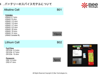 All Rights Reserved Copyright (C) Bee Technologies Inc. 4 ．バッテリーのスパイスモデルについて Alkaline Cell  B01   TOSHIBA LR6AG 2.7 ohm LR6AG 10 ohm LR6AG  2.2 ohm LR6AG  3.3 ohm LR6AG  4.7 ohm LR6AG  8.2 ohm LR6AG  22 ohm LR6AG  33 ohm LR6AG  51 ohm LR6AG Variable RL 10pcs Lithium Cell  B02   Fuji Films CR123A  2.2 ohm CR123A  4.7 ohm CR123A  10 ohm Panasonic CR2  2.2 ohm CR2 4.7 ohm 5pcs 