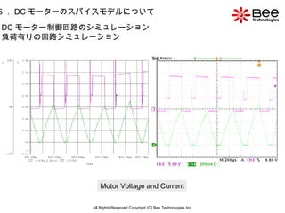 All Rights Reserved Copyright (C) Bee Technologies Inc. 5 ． DC モーターのスパイスモデルについて Motor Voltage and Current DC モーター制御回路のシミュレーション  負荷有りの回路シミュレーション 