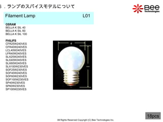 All Rights Reserved Copyright (C) Bee Technologies Inc. 6 ．ランプのスパイスモデルについて Filament Lamp  L01   18pcs OSRAM BELLA K SIL 40 BELLA K SIL 60 BELLA K SIL 100 PHILIPS CFR25W240VES CFR40W240VES LCL40W240VES LFR40W240VES SLX25W240VES SLX40W240VES SLX60W240VES SLX100W230VES SOF25W230VES SOF40W240VES SOF60W230VES SOF100W230VES SP40W230VES SP60W230VES SP100W230VES 