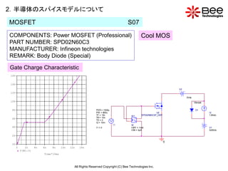 2．半導体のスパイスモデルについて

MOSFET                                                                            S07

COMPONENTS: Power MOSFET (Professional)                                                    Cool MOS
PART NUMBER: SPD02N60C3
MANUFACTURER: Infineon technologies
REMARK: Body Diode (Special)

Gate Charge Characteristic
16V


14V
                                                                                                                  V2
12V
                                                                                                                       0Vdc
10V                                                                                                                           Dbreak


 8V                                                         PER = 1000u                                                        D1
                                                            PW = 600u                                  U2                              I2
                                                            TF = 10n                W1      SPD02N60C3P_DSP                            1.8Adc
 6V                                                         TR = 10n                  +
                                                            TD = 0
                                                                                      -
                                                            I2 = 10m
                                                                          I1        W
 4V                                                         I1 = 0                  IOFF = 1mA                                         V1
                                                                                    ION = 0uA                                          520Vdc

 2V

                                                                                                              0
 0V
      0      2n     4n   6n   8n     10n   12n   14n
          V(W1:3)
                         Time*10ms




                                             All Rights Reserved Copyright (C) Bee Technologies Inc.
 