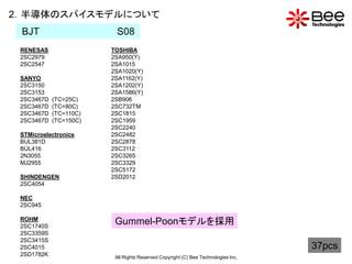 2．半導体のスパイスモデルについて
 BJT                     S08
 RENESAS                TOSHIBA
 2SC2979                2SA950(Y)
 2SC2547                2SA1015
                        2SA1020(Y)
 SANYO                  2SA1162(Y)
 2SC3150                2SA1202(Y)
 2SC3153                2SA1586(Y)
 2SC3467D   (TC=25C)    2SB906
 2SC3467D   (TC=80C)    2SC732TM
 2SC3467D   (TC=110C)   2SC1815
 2SC3467D   (TC=150C)   2SC1959
                        2SC2240
 STMicroelectronics     2SC2482
 BUL381D                2SC2878
 BUL416                 2SC3112
 2N3055                 2SC3265
 MJ2955                 2SC3329
                        2SC5172
 SHINDENGEN             2SD2012
 2SC4054

 NEC
 2SC945

 ROHM
 2SC1740S
                         Gummel-Poonモデルを採用
 2SC3359S
 2SC3415S
 2SC4015                                                                           37pcs
 2SD1782K                All Rights Reserved Copyright (C) Bee Technologies Inc.
 