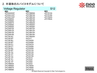 2．半導体のスパイスモデルについて
Voltage Regulator                                      S12
NEC                 NEC                      NEC
uPC24A05HF          uPC78M09A                uPC7815A
uPC24A12HF          uPC78M10A                uPC7818A
uPC24A15HF          uPC78M12A                uPC7824A
uPC24M05A           uPC78M15A                uPC7893A
uPC24M06A           uPC78M18A
uPC24M07A           uPC78M24A
uPC24M08A           uPC78N05H
uPC24M09A           uPC78N08H
uPC24M10A           uPC78N10H
uPC24M12A           uPC78N12H
uPC24M15A           uPC78N15H
uPC24M18A           uPC78N18H
uPC78L05J           uPC78N24H
uPC78L05T           uPC317
uPC78L06J           uPC2405A
uPC78L06T           uPC2406A
uPC78L07J           uPC2407A
uPC78L07T           uPC2408A
uPC78L08J           uPC2409A
uPC78L08T           uPC2410A
uPC78L10J           uPC2412A
uPC78L10T           uPC2415A
uPC78L12J           uPC2418A
uPC78L12T           uPC3018
uPC78L15J           uPC3025
uPC78L15T           uPC3504
uPC78M05A           uPC3533
uPC78M06A           uPC7805A
uPC78M07A           uPC7808A
uPC78M08A           uPC7812A                                                       64pcs
                         All Rights Reserved Copyright (C) Bee Technologies Inc.
 