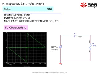 2．半導体のスパイスモデルについて
Sidac                                       S16

COMPONENTS:SIDAC
PART NUMBER:K1V10
MANUFACTURER:SHINDENGEN MFG.CO.,LTD.

I-V Characteristic




                     All Rights Reserved Copyright (C) Bee Technologies Inc.
 