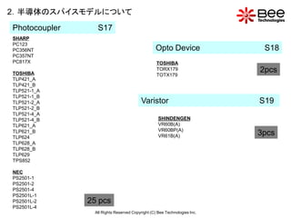 2．半導体のスパイスモデルについて
Photocoupler     S17
SHARP
PC123
PC356NT                                         Opto Device                S18
PC357NT
PC817X                                           TOSHIBA

TOSHIBA
                                                 TORX179                  2pcs
                                                 TOTX179
TLP421_A
TLP421_B
TLP521-1_A
TLP521-1_B
TLP521-2_A                               Varistor                         S19
TLP521-2_B
TLP521-4_A
TLP521-4_B                                        SHINDENGEN
TLP621_A                                          VR60B(A)
                                                  VR60BP(A)
TLP621_B
TLP624                                            VR61B(A)                3pcs
TLP628_A
TLP628_B
TLP629
TPS852

NEC
PS2501-1
PS2501-2
PS2501-4
PS2501L-1
PS2501L-2      25 pcs
PS2501L-4
                All Rights Reserved Copyright (C) Bee Technologies Inc.
 