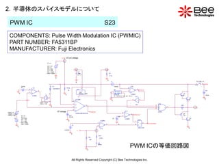 2．半導体のスパイスモデルについて

  PWM IC                                                                                                                                                                                S23

  COMPONENTS: Pulse Width Modulation IC (PWMIC)
  PART NUMBER: FA5311BP
  MANUFACTURER: Fuji Electronics
                                                                                                    8     CS pin voltage

                                                                            V1 = 0
                                                                                               V2
                                                                            V2 = 3.6
                                                                            TD = 0
                                                                            TR = 50U
                                                                                                                         7                                                                      1
                                                                            TF = 10N
                                                                            PW = 200U                                                CT
                                                                            PER = 500U                                               360p                                                           RT
                                                                                                                                     IC = 0
                                                                                                                                                                                                    5.1k
                                                                                           0
                                                                                                                                                                                                0
                                                                                                                                                                                                         I1                                                                                                       TCLOSE = 0
                                                                                                                             0
                                                                                                                                                                                                                                                                                                                  1      2
                                                                                                                                                                                                                                                                                                                                   6
                                                                              1




                                                                                                                                                                                                                                                                                                                 U12
                       2.8Vdc                                                         U1                                                                                                                       10uAdc                    U16
                                                                                2




                       V1                       C3                                                           Rcsp                                                                                                                    0
                                                                                                                                          1




                                        0                                             DZFA531X                                   U11                                                                                                      1       2
                                            1                                                                1G                                                                                                E2                             3             UVLO
                                                                                1




                                                         2                                                                                                                                                                            1                                                                                        Vcc
                                                                                                                                              7




                                        1            3                                                                                 OSC                                                                      IN+ OUT+                  2
                   0                        2                                                                                                                                                                   IN- OUT-
                                                                                                                                      1




                                                                                                                                       FREQ = 135K                                                                                                                                                 Q1
                                                                              0




                                                                                                         0                                                                                                     EVALUE                     COMP2
                                            COMP2                      S1                                                                                                                                                                                                                         QN                           18Vdc
                                                                                                                                                                                                               IF ( V(UVLO) >0.8, 9.2, 15.5 )   U17
                                                                                                                                     0




                                                                   +   +
                                                                                                                                                                                                                                                                                                            Q2
                                                                   -    -                                                    UCOMP                                                                                                           1            0                                                                    0
                                    2                                                                                                                                                                                                                                                                      QN
                                                                   S                                                    0                                                                                 0                                      2   1
                                                             VOFF = 0.0V                                                     1
                                                             VON = 1.0V                                                 1                                                                                                                                                         U19
                                                                                                                             2                                                                                                                    INV
                                                                                                                                                      4                                                                                                                       0                  R21
                                                                                  0                                     2                         5                                                                                                                           1   1          3
                                                                                                                             3                                                                                                                                                    2      6                         5
                                                                                                                                                                                                                                                                              2
                                                                                                                                                                                                                                                                                  3              1k
                                                                                                                        3
                                                                                                                             4                                                                                                 U14
               V4                                                                              DT voltage                                                          pwmout                                                                                                         NOR3
VOFF = 0                                                                                                                                                                                                                   0
                                                                                                                             PWMCOMPARATOR                                                                                     1                                                                      QP
VAMPL = 0.25                                                                                                                                                                                                                             2
                                                                                                                                                                                                                                     3           OSCCLK
FREQ = 50K             V1 = 5                                                                                  VDT                                                                                                         1                                                                          Q4
                       V2 = 2                                                                                  2.2Vdc                                                                                                V8        2
        V3             TD = 20U                                                                                                                                                                               2V               COMP2                                                                        Q3
                       TR = 10U                                                                                                                                                                                                                       U15                                                  QN
                       TF = 10N                                                                               0                                                                  COMP2                                                           1
                       PW = 200U                                                                                                                                            1                                                                         8       2
                                                                                                                                                                                 2                                                                        2        ov ercurrent
                       PER = 500U                                                                                                                                                           2                        0                           0
                                                                                                                    V7                                                      0           3                                                             6
               0                                                                                                                                                                 1
                                                                                                                                                                                                                                                      RSFFLOP                                              0
                                                                                                                                                                                 U13
                                                                                                        0.24Vdc
                                                                                                                                 3

                                                                                                                    0
                                                                                                                                                                                R11
                                                                                                                                                              R9
                                                                                                                                                                                0.001
                                                                                                                                                              220

                                                                                                                                                                            C6




                                                                                                                                                          0
                                                                                                                                                                            6800p

                                                                                                                                                                                                                                         PWM ICの等価回路図

                                                                                                                    All Rights Reserved Copyright (C) Bee Technologies Inc.
 