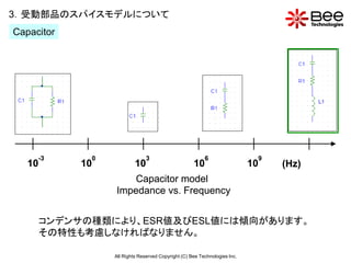 3．受動部品のスパイスモデルについて
Capacitor




        -3        0                 3                         6                      9
   10        10                10                        10                     10       (Hz)
                          Capacitor model
                      Impedance vs. Frequency


        コンデンサの種類により、ESR値及びESL値には傾向があります。
        その特性も考慮しなければなりません。

                      All Rights Reserved Copyright (C) Bee Technologies Inc.
 
