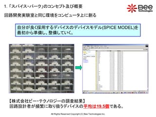 1．「スパイス・パーク」のコンセプト及び概要

回路開発実験室と同じ環境をコンピュータ上に創る

   自分が良く採用するデバイスのデバイスモデル(SPICE MODEL)を
   最初から準備し、整備していく。




 【株式会社ビー・テクノロジーの調査結果】
 回路設計者が頻繁に取り扱うデバイスの平均は19.5個である。
             All Rights Reserved Copyright (C) Bee Technologies Inc.
 