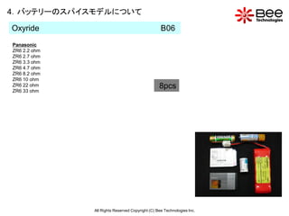4．バッテリーのスパイスモデルについて

Oxyride                                           B06
Panasonic
ZR6 2.2 ohm
ZR6 2.7 ohm
ZR6 3.3 ohm
ZR6 4.7 ohm
ZR6 8.2 ohm
ZR6 10 ohm
ZR6 22 ohm                                       8pcs
ZR6 33 ohm




              All Rights Reserved Copyright (C) Bee Technologies Inc.
 