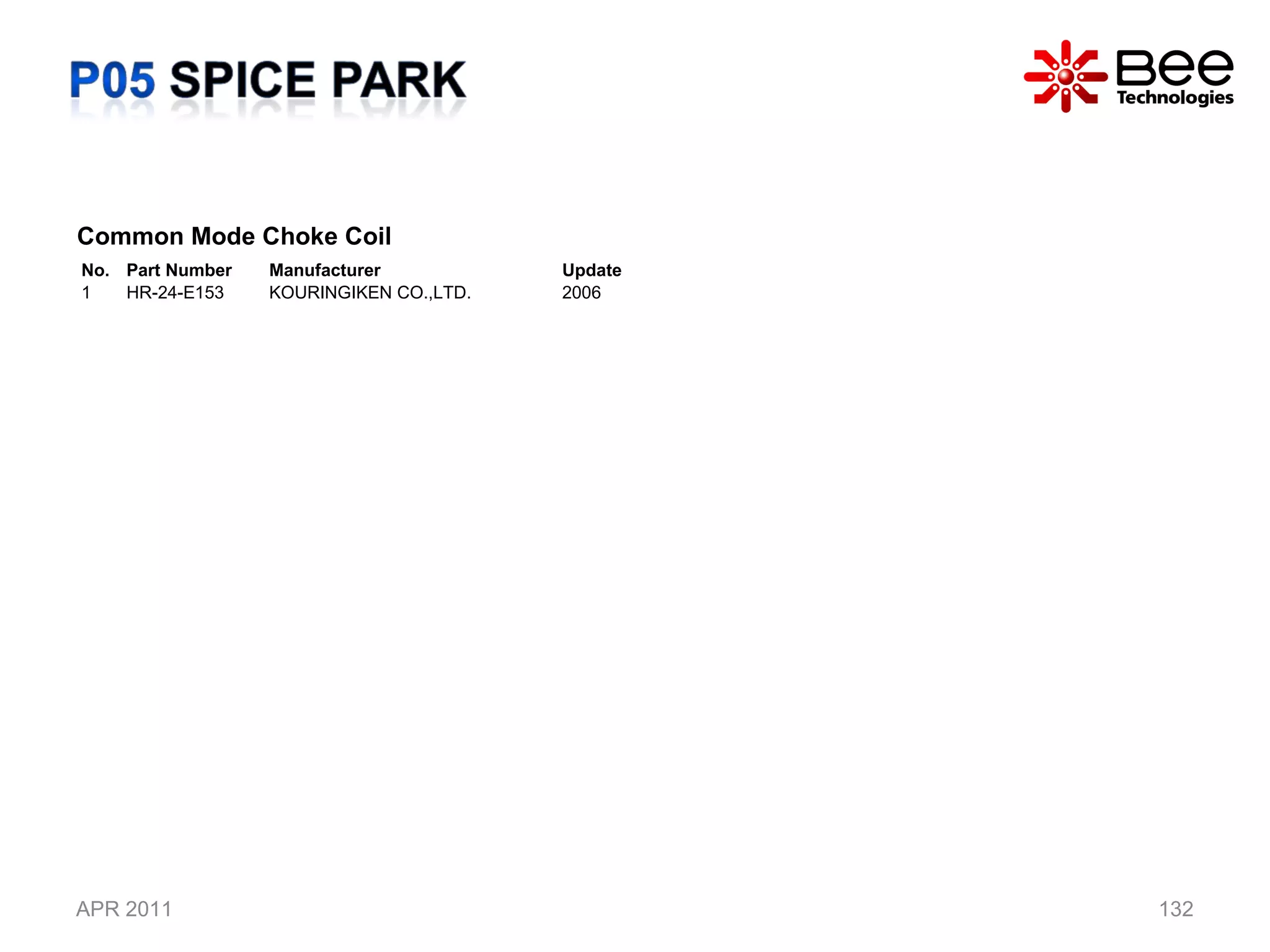 APR 2011 Common Mode Choke Coil  No. Part Number Manufacturer Update 1 HR-24-E153 KOURINGIKEN CO.,LTD. 2006 