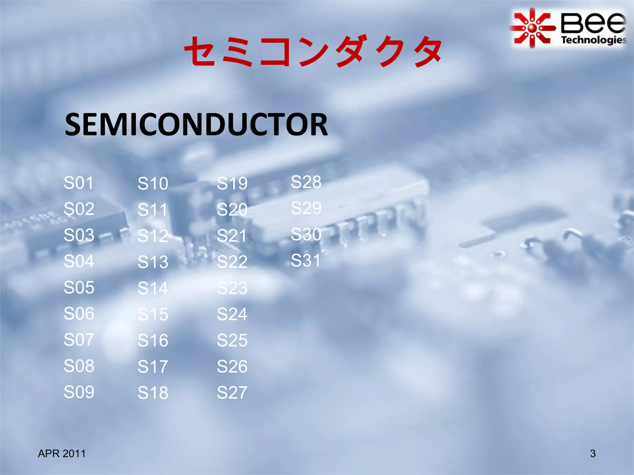 SEMICONDUCTOR APR 2011 S01 S02  S03  S04  S05  S06  S07  S08  S09 S10 S11  S12  S13  S14  S15  S16  S17  S18 S19 S20 S21  S22  S23  S24  S25  S26  S27 S28 S29  S30  S31  セミコンダクタ 