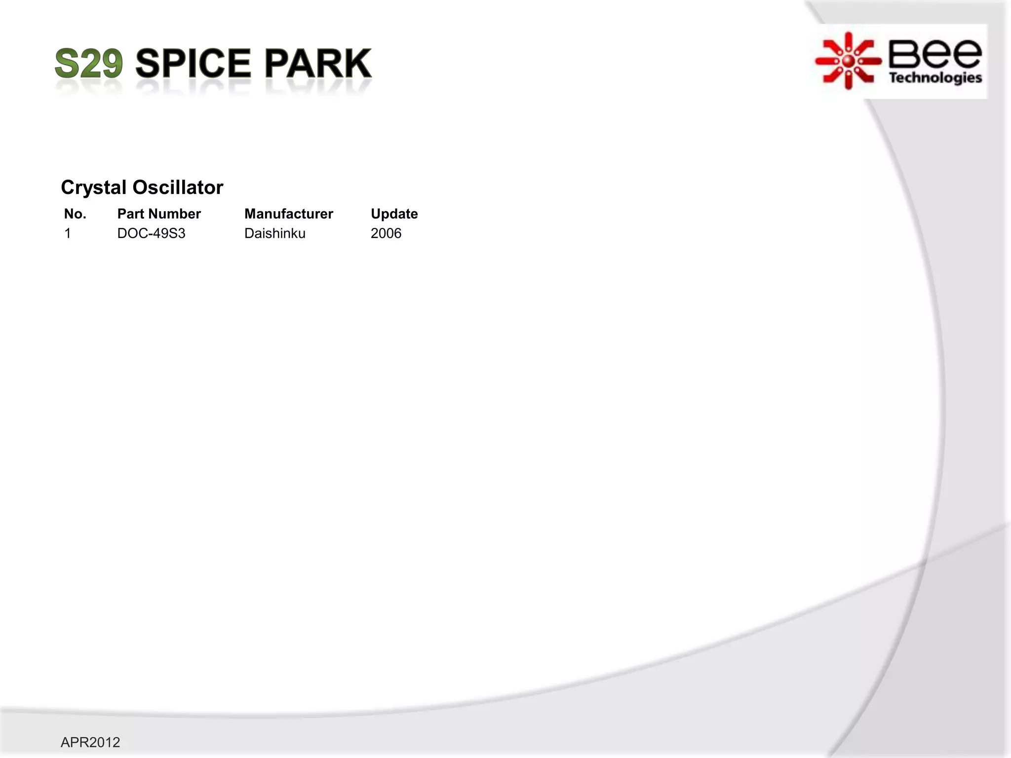Crystal Oscillator
No.   Part Number    Manufacturer   Update
1     DOC-49S3       Daishinku      2006




APR2012
 