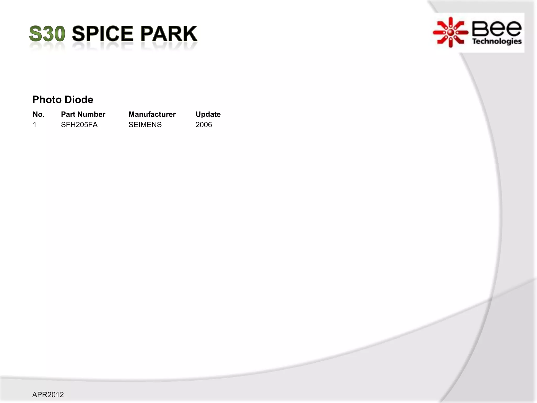 Photo Diode
No.   Part Number   Manufacturer   Update
1     SFH205FA      SEIMENS        2006




APR2012
 
