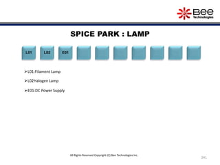 241
SPICE PARK : LAMP
L02L01 E01
L01:Filament Lamp
L02Halogen Lamp
E01:DC Power Supply
All Rights Reserved Copyright (C) Bee Technologies Inc.
 