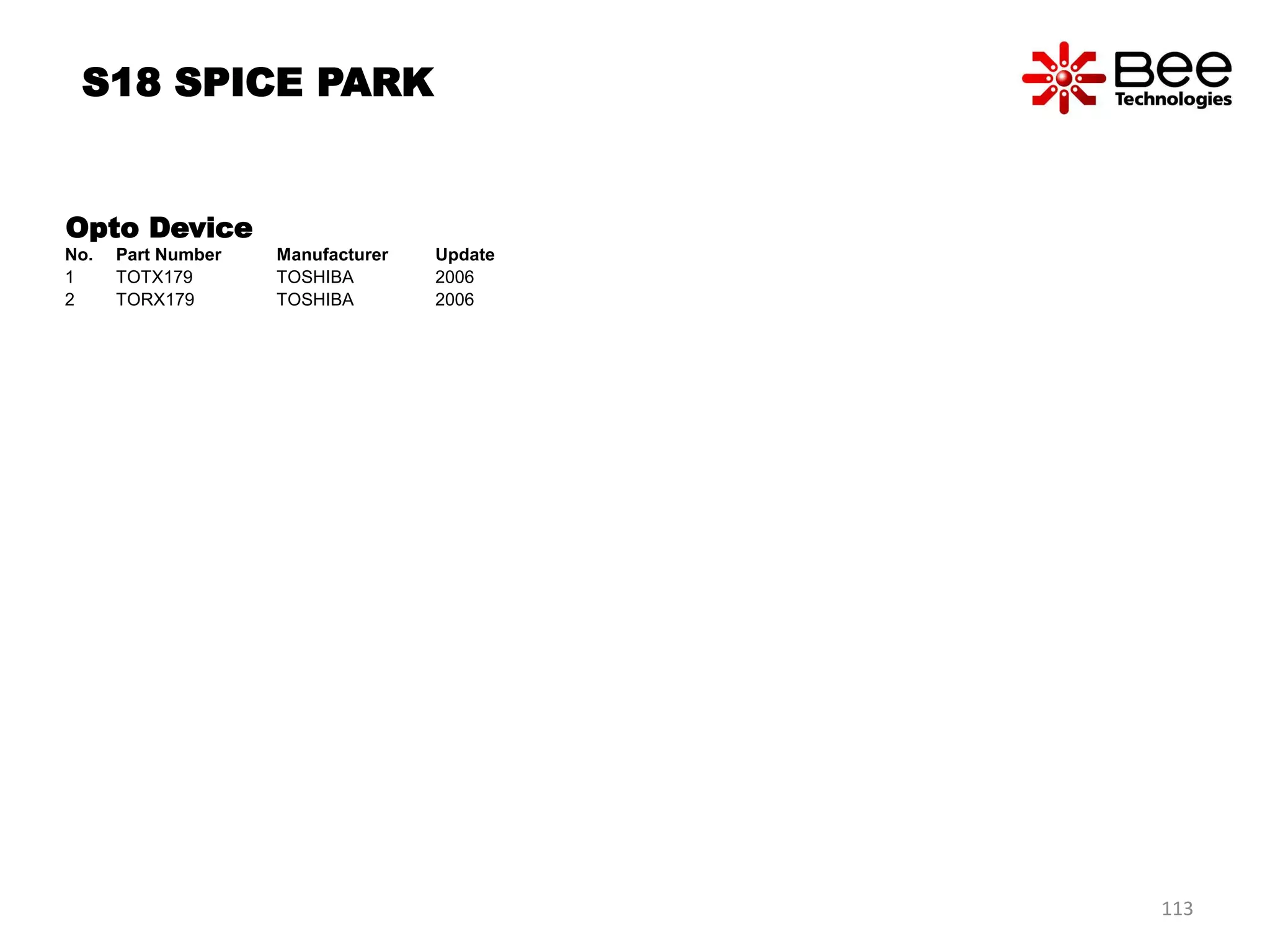 Opto Device
No. Part Number Manufacturer Update
1 TOTX179 TOSHIBA 2006
2 TORX179 TOSHIBA 2006
S18 SPICE PARK
113
 