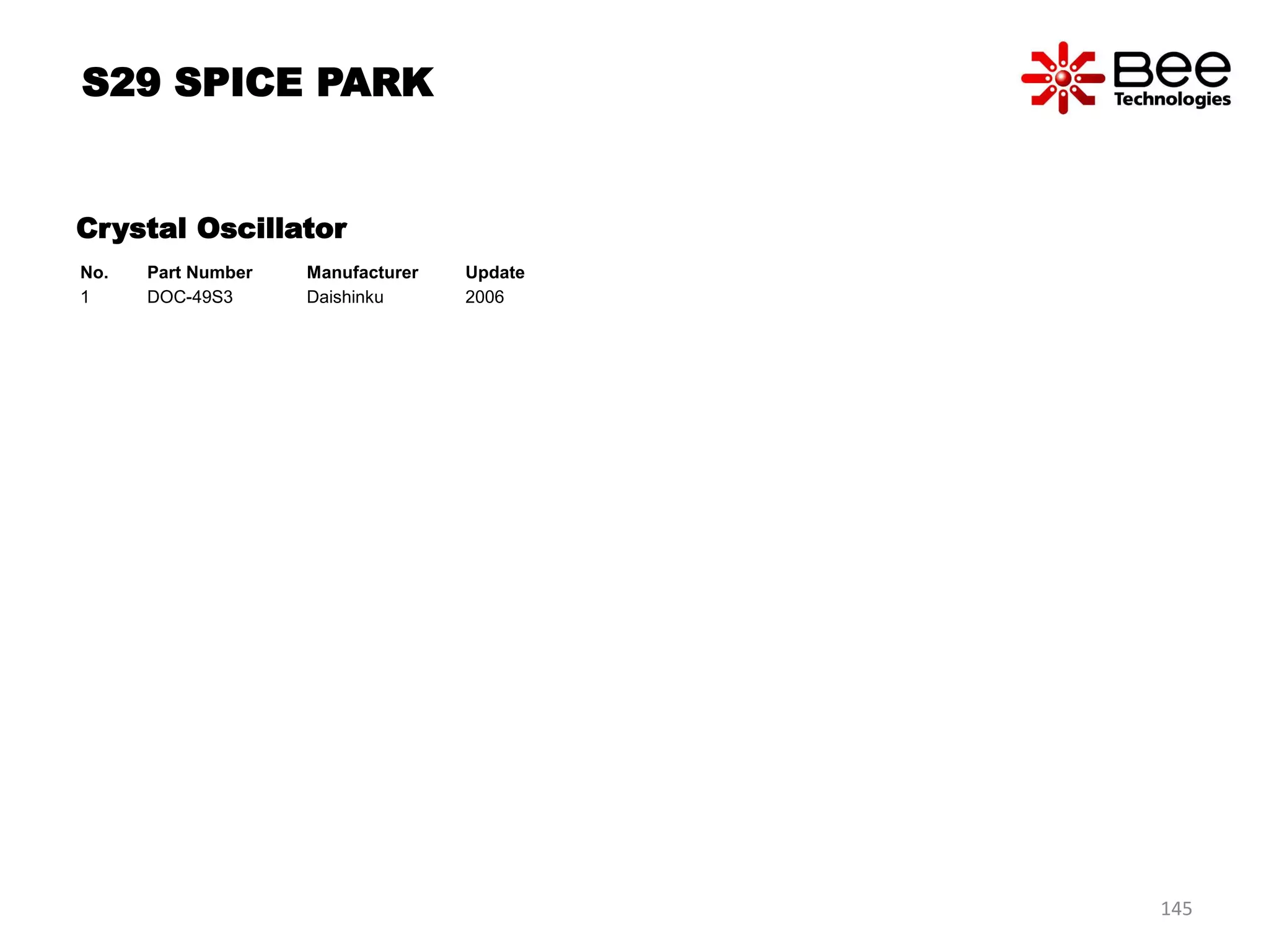 Crystal Oscillator
No. Part Number Manufacturer Update
1 DOC-49S3 Daishinku 2006
S29 SPICE PARK
145
 