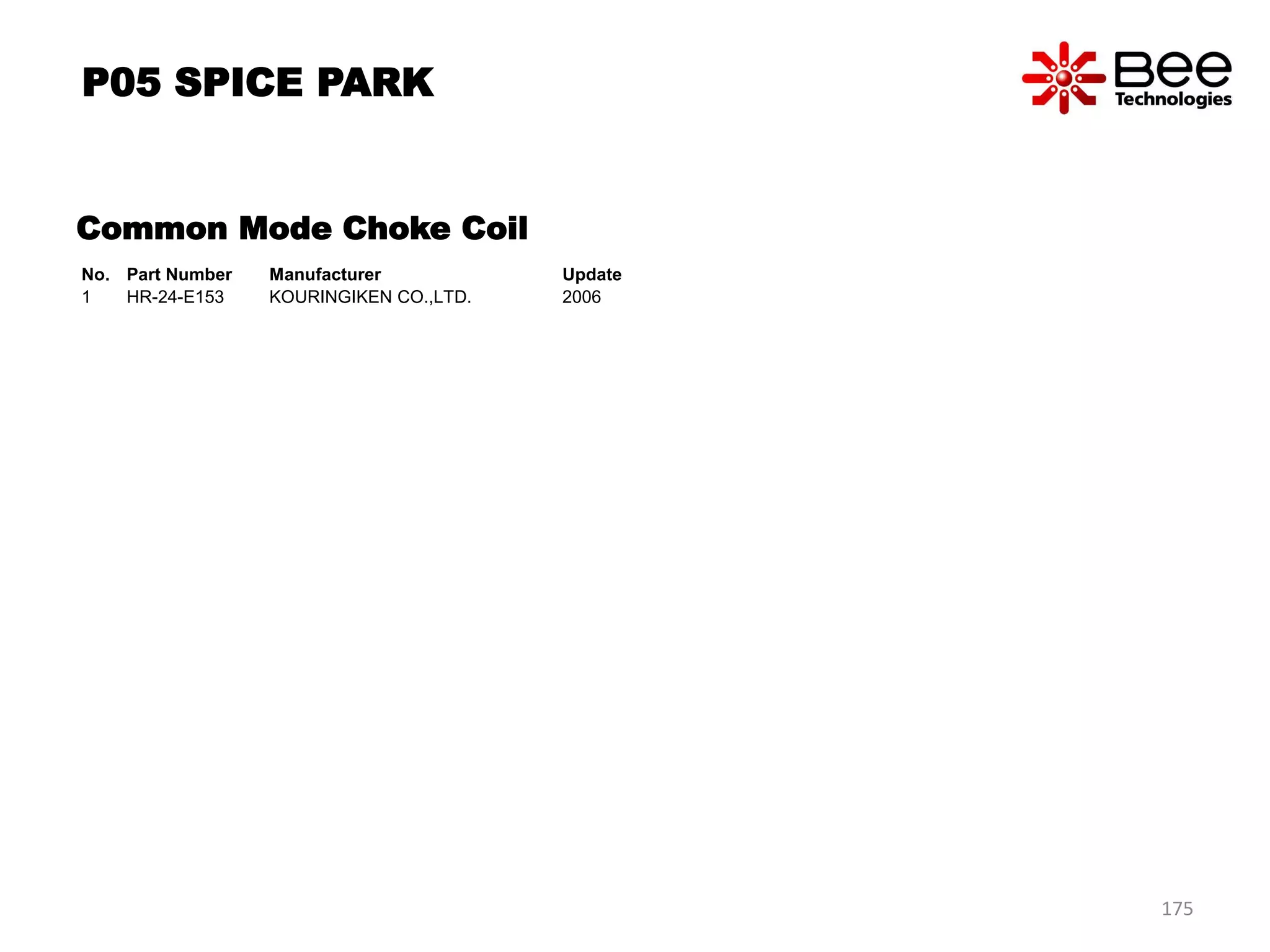 Common Mode Choke Coil
No. Part Number Manufacturer Update
1 HR-24-E153 KOURINGIKEN CO.,LTD. 2006
P05 SPICE PARK
175
 