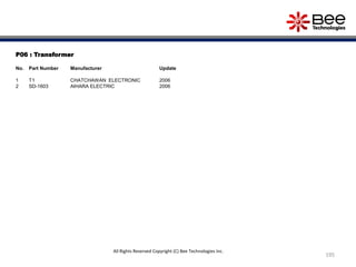 P06 : Transformer
No. Part Number Manufacturer Update
1 T1 CHATCHAWAN ELECTRONIC 2006
2 SD-1603 AIHARA ELECTRIC 2006
195
All Rights Reserved Copyright (C) Bee Technologies Inc.
 