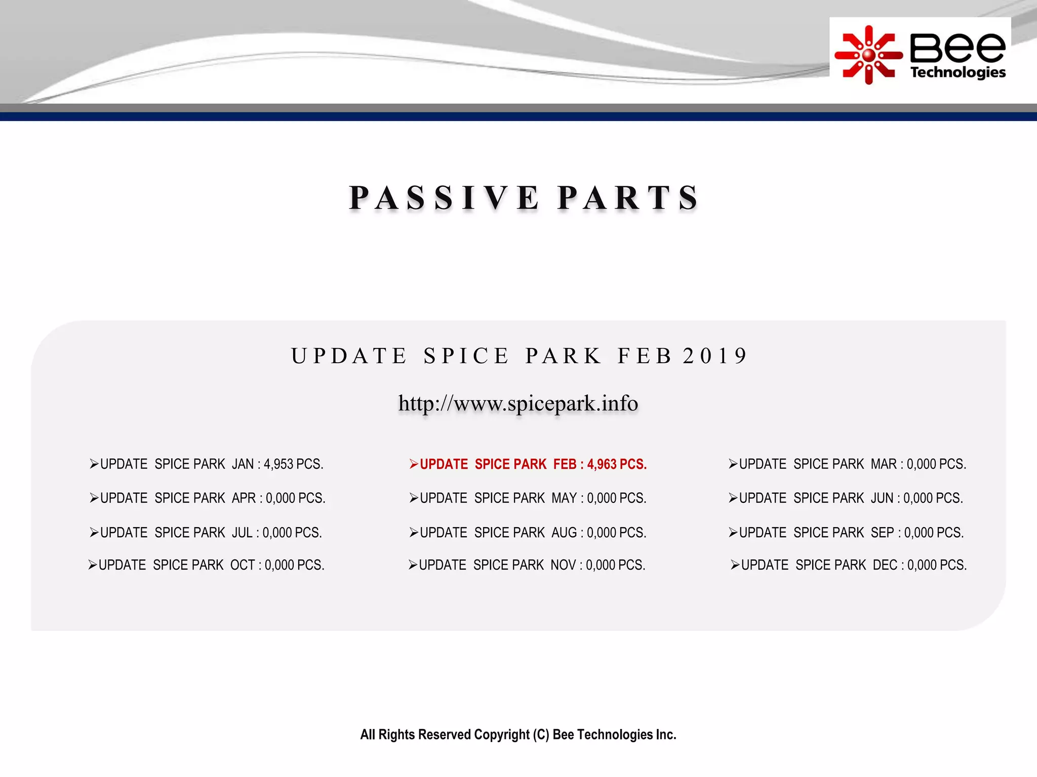 All Rights Reserved Copyright (C) Bee Technologies Inc.
PA S S I V E PA R T S
UPDATE SPICE PARK JAN : 4,953 PCS.
UPDATE SPICE PARK APR : 0,000 PCS.
UPDATE SPICE PARK JUL : 0,000 PCS.
UPDATE SPICE PARK OCT : 0,000 PCS.
UPDATE SPICE PARK MAY : 0,000 PCS.
UPDATE SPICE PARK AUG : 0,000 PCS.
UPDATE SPICE PARK NOV : 0,000 PCS.
UPDATE SPICE PARK MAR : 0,000 PCS.
UPDATE SPICE PARK JUN : 0,000 PCS.
UPDATE SPICE PARK SEP : 0,000 PCS.
UPDATE SPICE PARK DEC : 0,000 PCS.
http://www.spicepark.info
U P D A T E S P I C E P A R K F E B 2 0 1 9
UPDATE SPICE PARK FEB : 4,963 PCS.
 