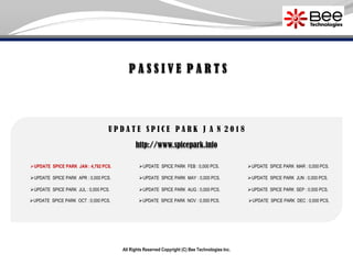 All Rights Reserved Copyright (C) Bee Technologies Inc.
P A S S I V E P A R T S
U P D A T E S P I C E P A R K J A N 2 0 1 8
UPDATE SPICE PARK JAN : 4,792 PCS.
UPDATE SPICE PARK APR : 0,000 PCS.
UPDATE SPICE PARK JUL : 0,000 PCS.
UPDATE SPICE PARK OCT : 0,000 PCS.
UPDATE SPICE PARK FEB : 0,000 PCS.
UPDATE SPICE PARK MAY : 0,000 PCS.
UPDATE SPICE PARK AUG : 0,000 PCS.
UPDATE SPICE PARK NOV : 0,000 PCS.
UPDATE SPICE PARK MAR : 0,000 PCS.
UPDATE SPICE PARK JUN : 0,000 PCS.
UPDATE SPICE PARK SEP : 0,000 PCS.
UPDATE SPICE PARK DEC : 0,000 PCS.
http://www.spicepark.info
 