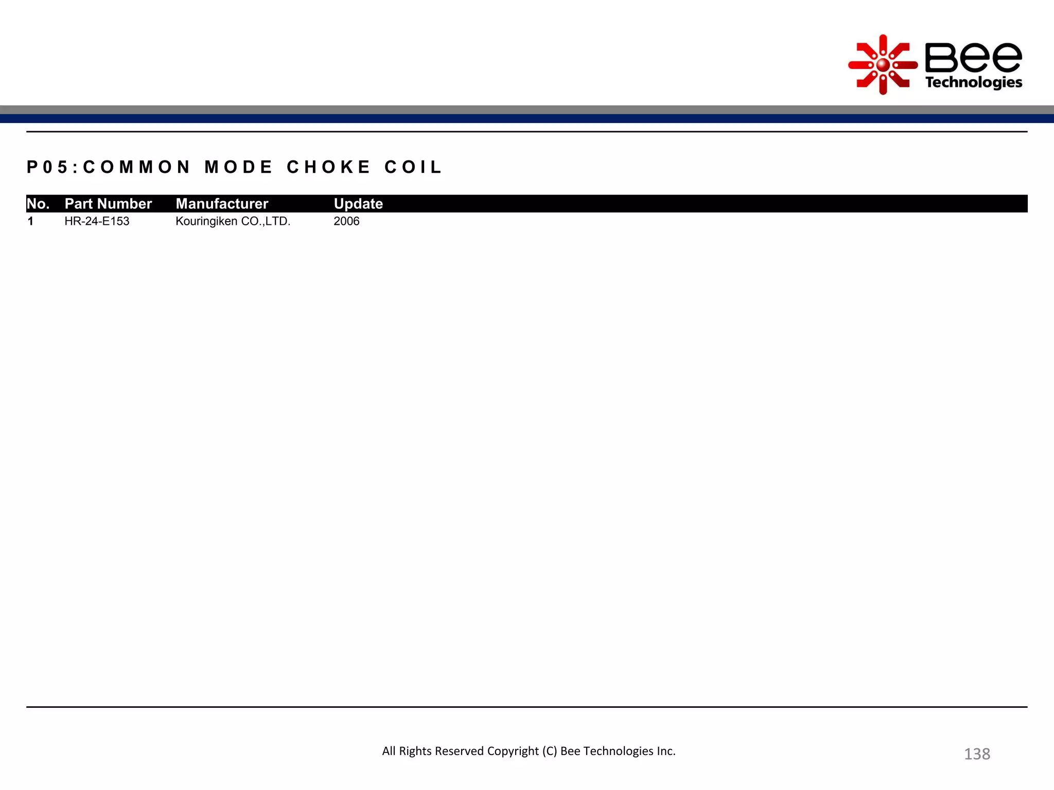 138138138
P 0 5 : C O M M O N M O D E C H O K E C O I L
No. Part Number Manufacturer Update
1 HR-24-E153 Kouringiken CO.,LTD. 2006
All Rights Reserved Copyright (C) Bee Technologies Inc.
 