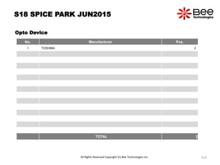 S18 SPICE PARK JUN2015
Opto Device
No. Manufacturer Pcs.
1 TOSHIBA 2
TOTAL 2
All Rights Reserved Copyright (C) Bee Technologies Inc. 112
 