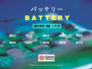 B A T T E R Y
バ ッ テ リ ー
B01 B02 B03 B04 B05
B06 B07 B08 B09 B10
All Rights Reserved Copyright (C) Bee Technologies Inc.
190
2015年 06 一六月
 