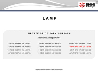 L A M P
All Rights Reserved Copyright (C) Bee Technologies Inc.
UPDATE SPICE PARK JAN : 4,953 PCS.
UPDATE SPICE PARK APR : 4,985 PCS.
UPDATE SPICE PARK JUL : 0,000 PCS.
UPDATE SPICE PARK OCT : 0,000 PCS.
UPDATE SPICE PARK MAY : 5,006 PCS.
UPDATE SPICE PARK AUG : 0,000 PCS.
UPDATE SPICE PARK NOV : 0,000 PCS.
UPDATE SPICE PARK MAR : 4,973 PCS.
UPDATE SPICE PARK JUN : 5,027 PCS.
UPDATE SPICE PARK SEP : 0,000 PCS.
UPDATE SPICE PARK DEC : 0,000 PCS.
UPDATE SPICE PARK FEB : 4,963 PCS.
http://www.spicepark.info
U P D A T E S P I C E P A R K J U N 2 0 1 9
 