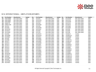 90
90
90
90
90
90
90
90
90
90
90
90
90
90
90
S 1 4 : O P E R A T I O N A L A M P L I F I E R ( O P A M P )
No. Part Number Manufacturer Update No. Part Number Manufacturer Update No. Part Number Manufacturer Update
181 NJM14558M New Japan Radio 2006 211 NJU7031 New Japan Radio 2006 241 NJU7072M New Japan Radio 2006
182 NJM14558R New Japan Radio 2006 212 NJU7031M New Japan Radio 2006 242 NJU7074D New Japan Radio 2006
183 NJM14558V New Japan Radio 2006 213 NJU7031V New Japan Radio 2006 243 NJU7074M New Japan Radio 2006
184 NJMOP-07 New Japan Radio 2006 214 NJU7032 New Japan Radio 2006 244 NJU7074V New Japan Radio 2006
185 NJMOP-07M New Japan Radio 2006 215 NJU7032M New Japan Radio 2006 245 NJU7091A New Japan Radio 2006
186 NJU7001 New Japan Radio 2006 216 NJU7034 New Japan Radio 2006 246 NJU7092A New Japan Radio 2006
187 NJU7002 New Japan Radio 2006 217 NJU7034M New Japan Radio 2006 247 NJU7093A New Japan Radio 2006
188 NJU7001M New Japan Radio 2006 218 NJU7034V New Japan Radio 2006 248 NJU7094 New Japan Radio 2006
189 NJU7001V New Japan Radio 2006 219 NJU7042 New Japan Radio 2006 249 NJU7095 New Japan Radio 2006
190 NJU7002M New Japan Radio 2006 220 NJU7043 New Japan Radio 2006 250 NJU7096 New Japan Radio 2006
191 NJU7004 New Japan Radio 2006 221 NJU7051D New Japan Radio 2006 251 TA75S01F Toshiba 2006
192 NJU7004M New Japan Radio 2006 222 NJU7051M New Japan Radio 2006 252 TA75W01FU Toshiba 2006
193 NJU7004V New Japan Radio 2006 223 NJU7051V New Japan Radio 2006 253 TA75S558F Toshiba 2006
194 NJU7007 New Japan Radio 2006 224 NJU7052D New Japan Radio 2006 254 TC75S51F Toshiba 2006
195 NJU7008 New Japan Radio 2006 225 NJU7052M New Japan Radio 2006 255 TC75S51FU Toshiba 2006
196 NJU7011 New Japan Radio 2006 226 NJU7054D New Japan Radio 2006 256 TC75S51FE Toshiba 2006
197 NJU7012 New Japan Radio 2006 227 NJU7054M New Japan Radio 2006 257 TC75S54F Toshiba 2006
198 NJU7013 New Japan Radio 2006 228 NJU7054V New Japan Radio 2006 258 TC75S54FU Toshiba 2006
199 NJU7014 New Japan Radio 2006 229 NJU7061D New Japan Radio 2006 259 TC75S54FE Toshiba 2006
200 NJU7015 New Japan Radio 2006 230 NJU7061M New Japan Radio 2006 260 TC75S55F Toshiba 2006
201 NJU7016 New Japan Radio 2006 231 NJU7061V New Japan Radio 2006 261 TC75S55FU Toshiba 2006
202 NJU7019 New Japan Radio 2006 232 NJU7062D New Japan Radio 2006 262 TC75S55FE Toshiba 2006
203 NJU7021 New Japan Radio 2006 233 NJU7062M New Japan Radio 2006 263 TC75S60F Toshiba 2006
204 NJU7021M New Japan Radio 2006 234 NJU7064D New Japan Radio 2006 264 TC75S60FU Toshiba 2006
205 NJU7021V New Japan Radio 2006 235 NJU7064M New Japan Radio 2006 265 TC75W51FK Toshiba 2006
206 NJU7022 New Japan Radio 2006 236 NJU7064V New Japan Radio 2006 266 TC75W51FU Toshiba 2006
207 NJU7022M New Japan Radio 2006 237 NJU7071D New Japan Radio 2006 267 TC75W54FK Toshiba 2006
208 NJU7024 New Japan Radio 2006 238 NJU7071M New Japan Radio 2006 268 TC75W54FU Toshiba 2006
209 NJU7024M New Japan Radio 2006 239 NJU7071V New Japan Radio 2006 269 TC75W60FK Toshiba 2006
210 NJU7024V New Japan Radio 2006 240 NJU7072D New Japan Radio 2006 270 TC75W60FU Toshiba 2006
All Rights Reserved Copyright (C) Bee Technologies Inc.
 