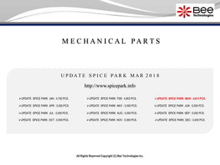 M E C H A N I C A L P A R T S
All Rights Reserved Copyright (C) Bee Technologies Inc.
U P D A T E S P I C E P A R K M A R 2 0 1 8
UPDATE SPICE PARK JAN : 4,792 PCS.
UPDATE SPICE PARK APR : 0,000 PCS.
UPDATE SPICE PARK JUL : 0,000 PCS.
UPDATE SPICE PARK OCT : 0,000 PCS.
UPDATE SPICE PARK FEB : 4,803 PCS.
UPDATE SPICE PARK MAY : 0,000 PCS.
UPDATE SPICE PARK AUG : 0,000 PCS.
UPDATE SPICE PARK NOV : 0,000 PCS.
UPDATE SPICE PARK MAR : 4,813 PCS.
UPDATE SPICE PARK JUN : 0,000 PCS.
UPDATE SPICE PARK SEP : 0,000 PCS.
UPDATE SPICE PARK DEC : 0,000 PCS.
http://www.spicepark.info
 