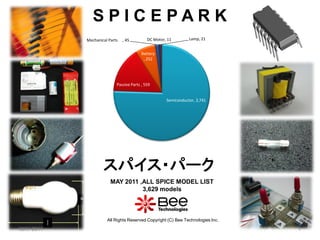 SPICEPARK
           Mechanical Parts   , 45         DC Motor, 11        Lamp, 21


                                        Battery
                                         , 252




                          Passive Parts , 559


                                                    Semiconductor, 2,741


                                 株式会社ビー・テクノロジー




                   スパイス・パーク
                       MAY 2011 ,ALL SPICE MODEL LIST
                                 3,629 models



                     All Rights Reserved Copyright (C) Bee Technologies Inc.

MAY 2011                                                                       1
 