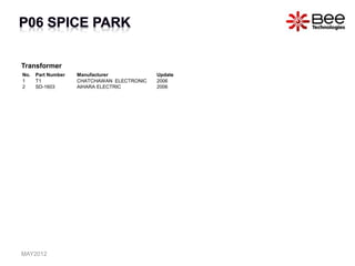 Transformer
No. Part Number Manufacturer Update
1 T1 CHATCHAWAN ELECTRONIC 2006
2 SD-1603 AIHARA ELECTRIC 2006
MAY2012
 
