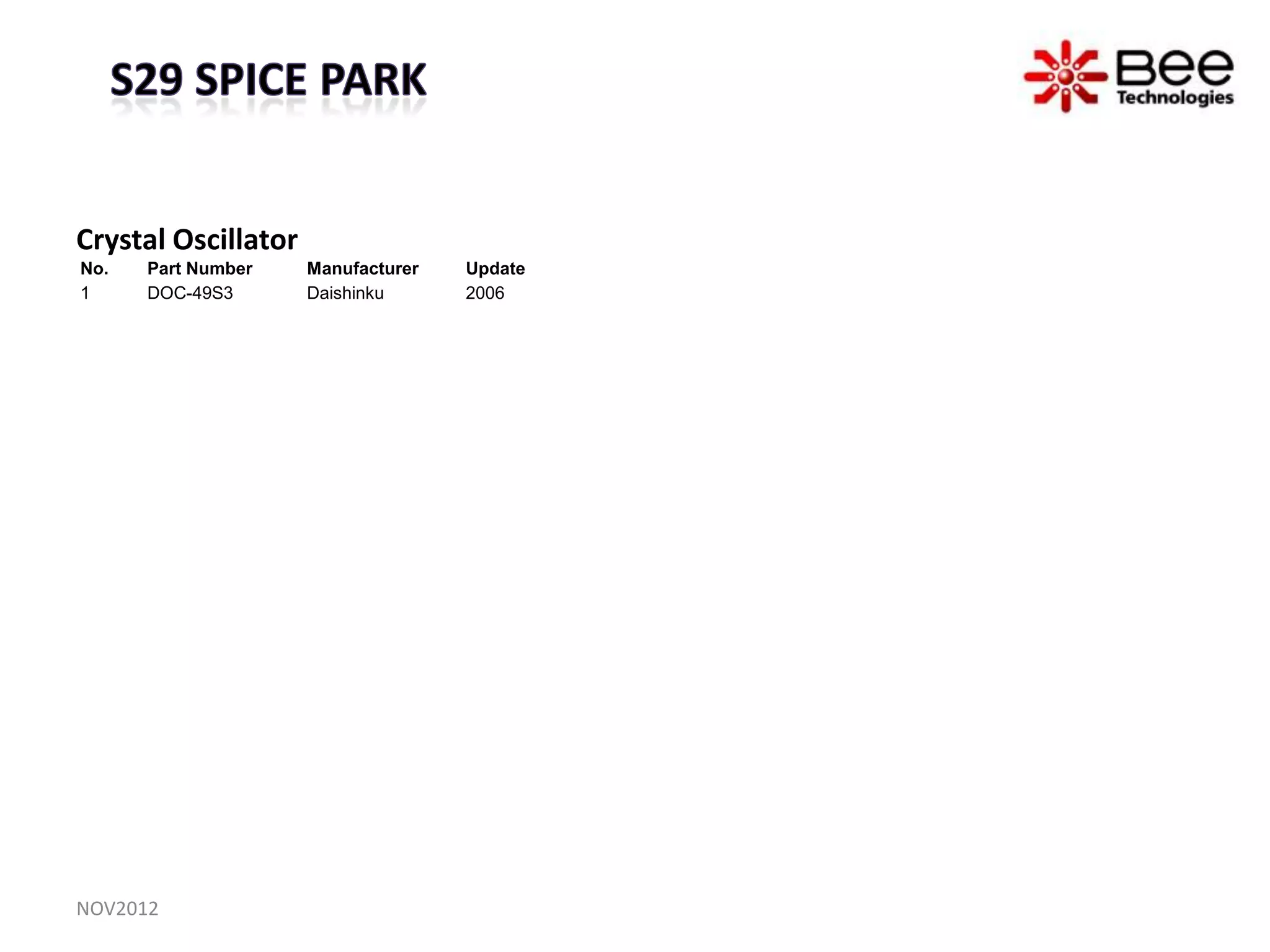 Crystal Oscillator
No.   Part Number    Manufacturer   Update
1     DOC-49S3       Daishinku      2006




NOV2012
 