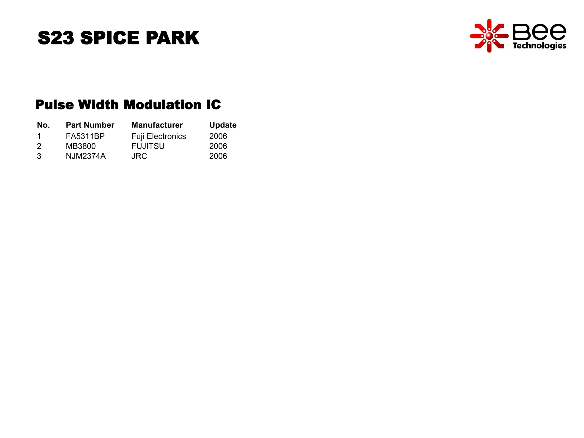 S23 SPICE PARK 
Pulse Width Modulation IC 
No. Part Number Manufacturer Update 
1 FA5311BP Fuji Electronics 2006 
2 MB3800 FUJITSU 2006 
3 NJM2374A JRC 2006 
 
