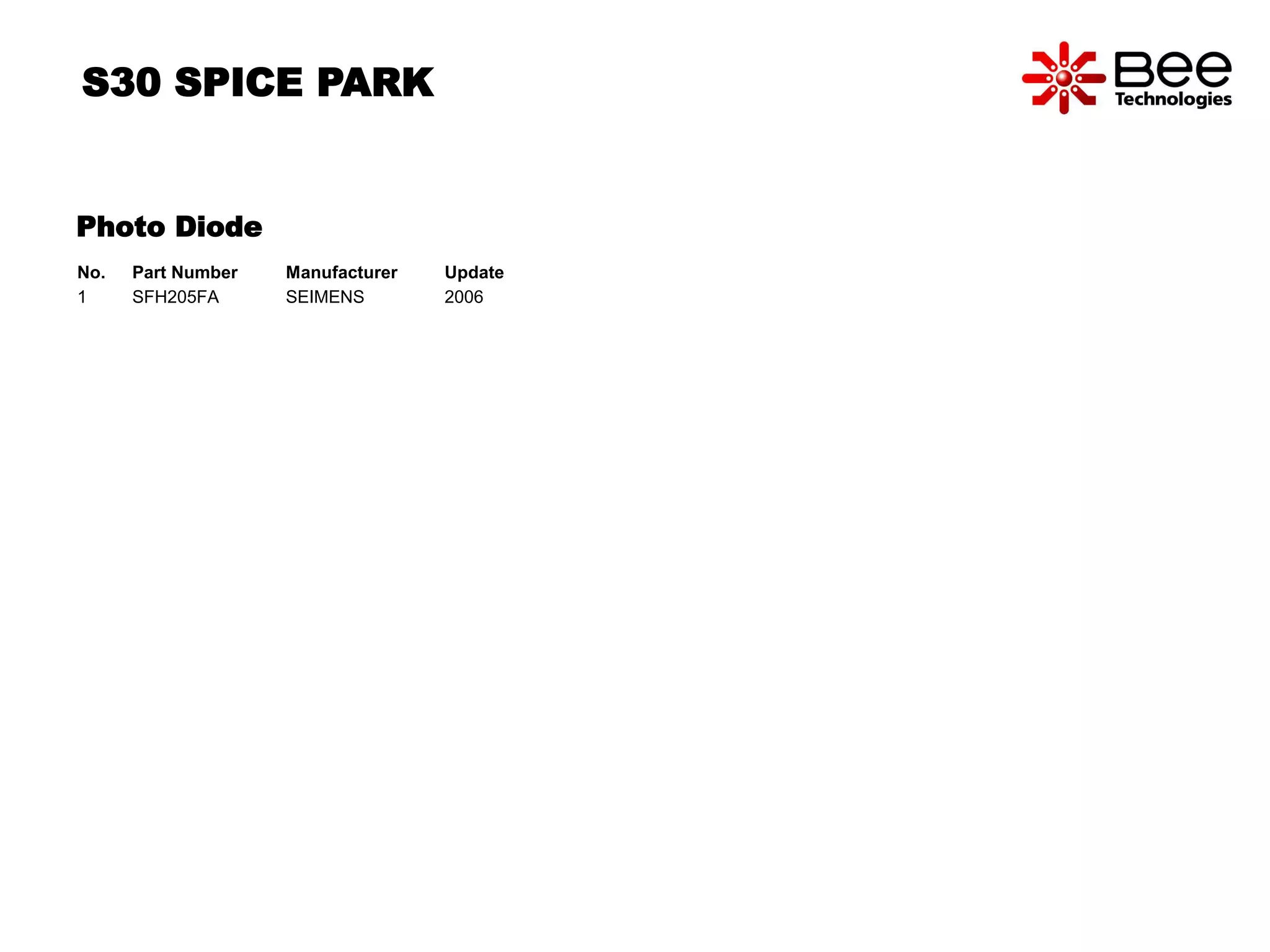 S30 SPICE PARK 
Photo Diode 
No. Part Number Manufacturer Update 
1 SFH205FA SEIMENS 2006 
 