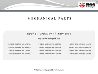 M E C H A N I C A L P A R T S
All Rights Reserved Copyright (C) Bee Technologies Inc.
U P D A T E S P I C E P A R K N O V 2 0 1 8
UPDATE SPICE PARK JAN : 4,792 PCS.
UPDATE SPICE PARK APR : 4,818 PCS.
UPDATE SPICE PARK JUL : 4,850 PCS.
UPDATE SPICE PARK OCT : 4,914 PCS.
UPDATE SPICE PARK FEB : 4,803 PCS.
UPDATE SPICE PARK MAY : 4,828 PCS.
UPDATE SPICE PARK AUG : 4,873 PCS.
UPDATE SPICE PARK NOV : 4,930 PCS.
UPDATE SPICE PARK MAR : 4,813 PCS.
UPDATE SPICE PARK SEP : 4,893 PCS.
UPDATE SPICE PARK DEC : 0,000 PCS.
http://www.spicepark.info
UPDATE SPICE PARK JUN : 4,838 PCS.
 
