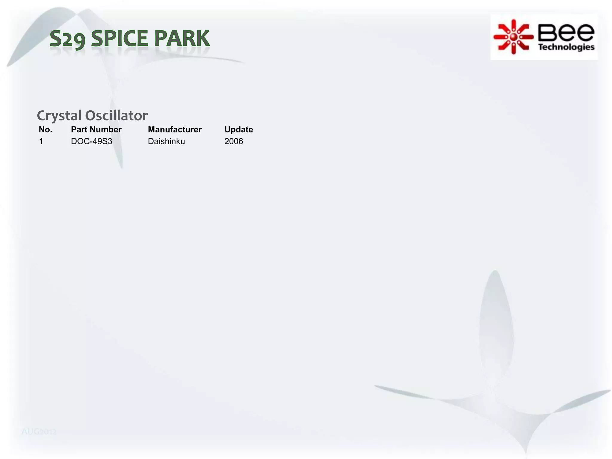 Crystal Oscillator
   No.    Part Number   Manufacturer   Update
   1      DOC-49S3      Daishinku      2006




AUG2012
 