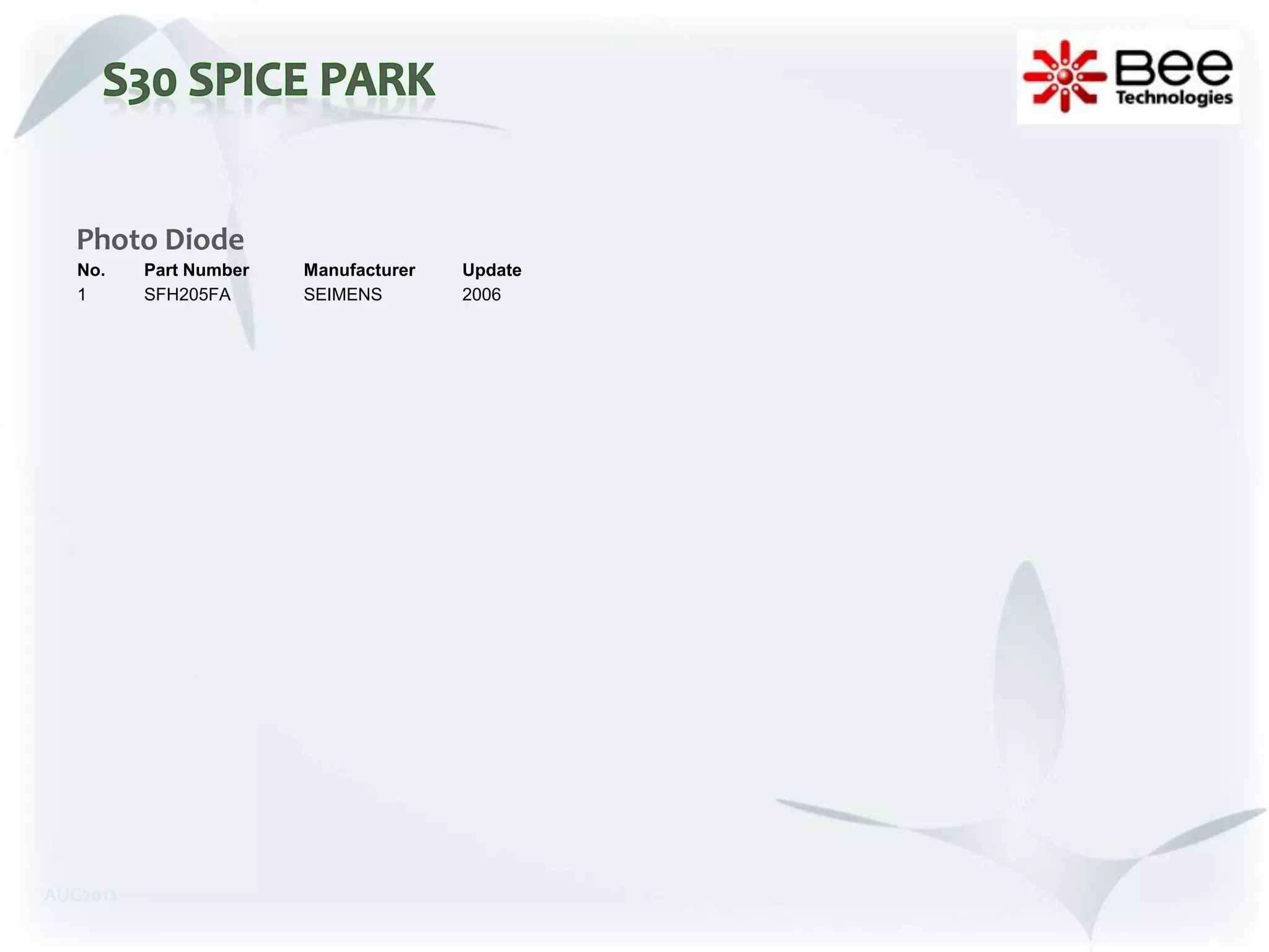 Photo Diode
   No.    Part Number   Manufacturer   Update
   1      SFH205FA      SEIMENS        2006




AUG2012
 