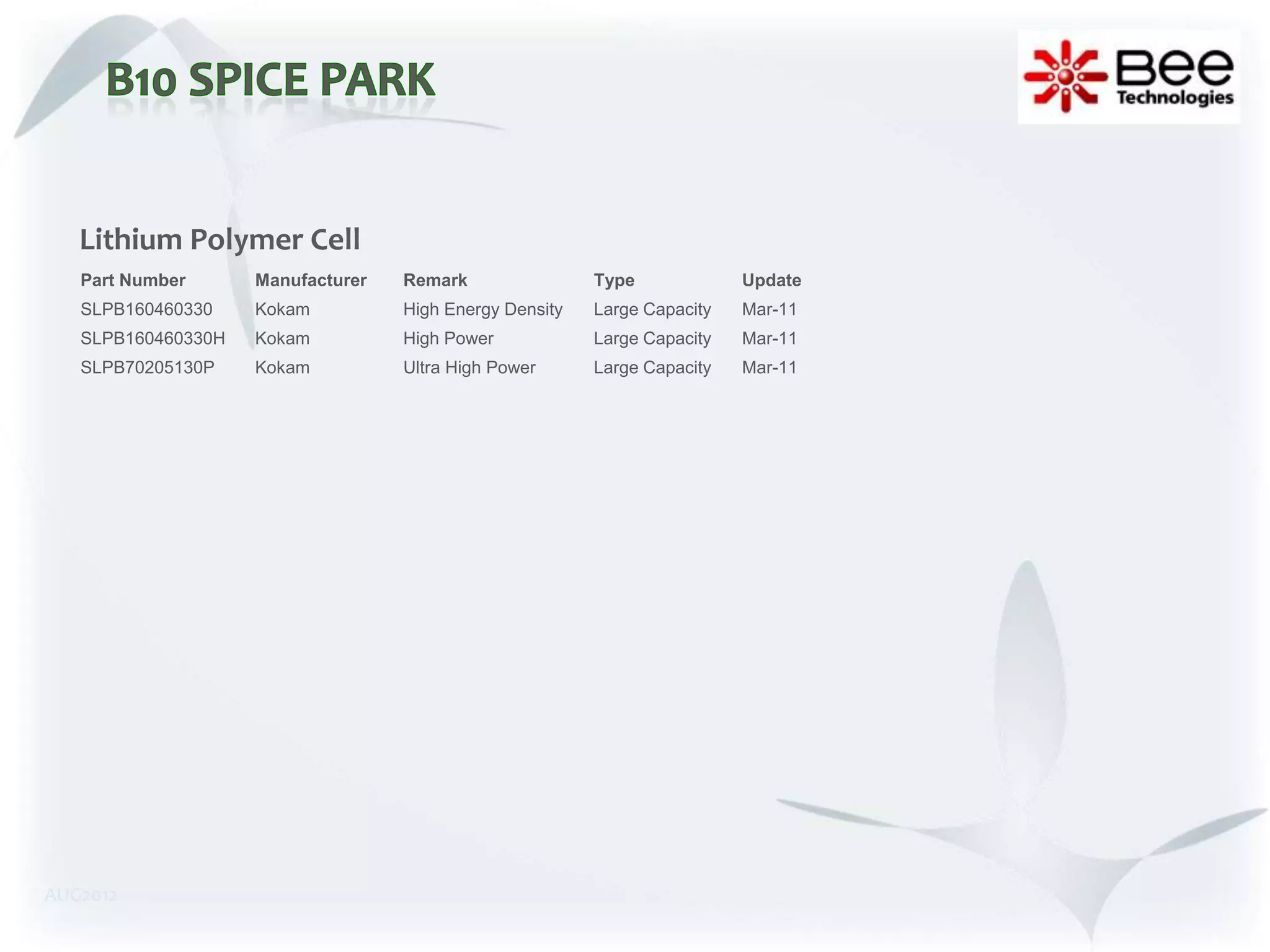 Lithium Polymer Cell
   Part Number      Manufacturer   Remark                Type             Update
   SLPB160460330    Kokam          High Energy Density   Large Capacity   Mar-11
   SLPB160460330H   Kokam          High Power            Large Capacity   Mar-11
   SLPB70205130P    Kokam          Ultra High Power      Large Capacity   Mar-11




AUG2012
 