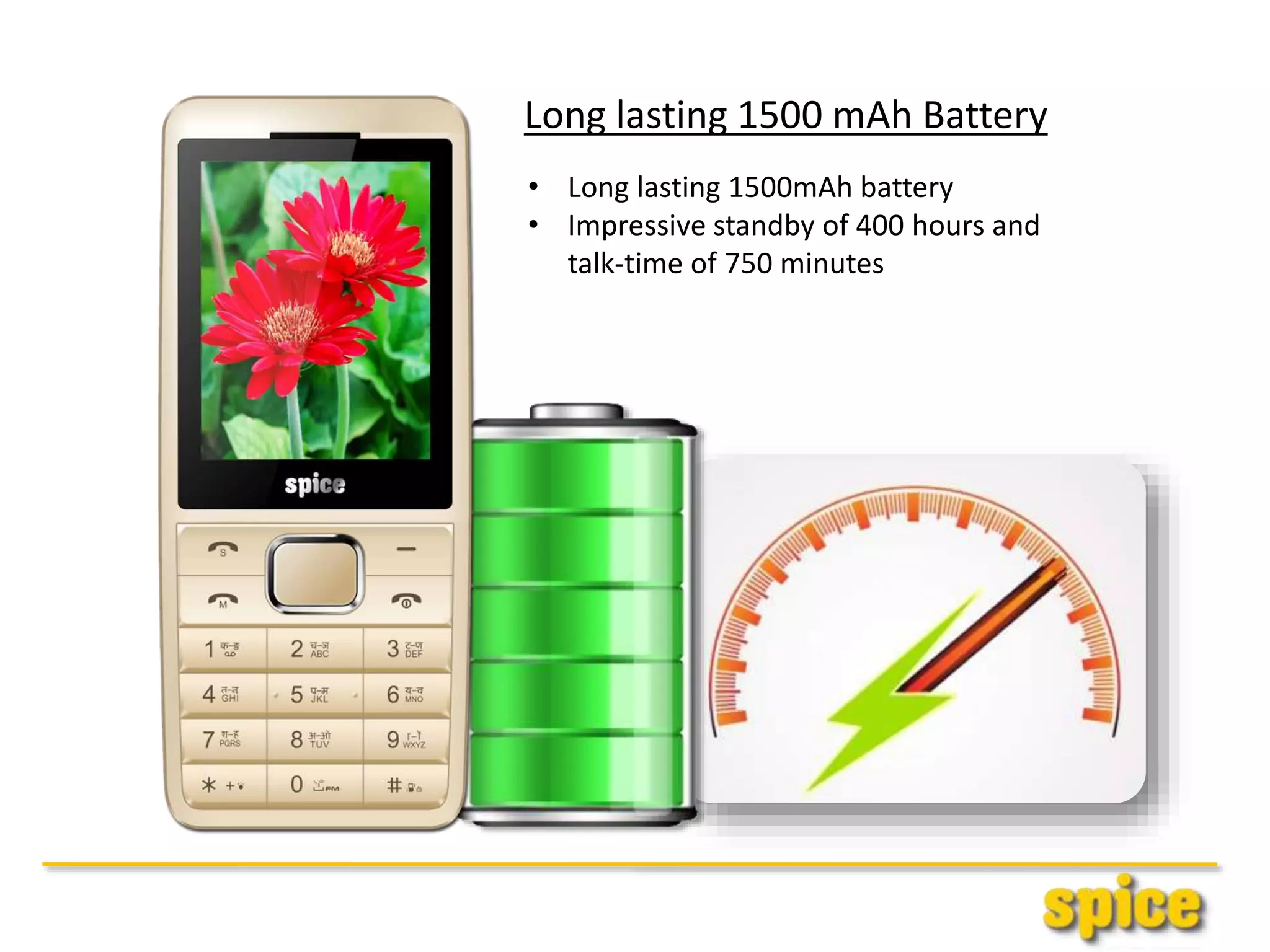 Long lasting 1500 mAh Battery
• Long lasting 1500mAh battery
• Impressive standby of 400 hours and
talk-time of 750 minutes
 