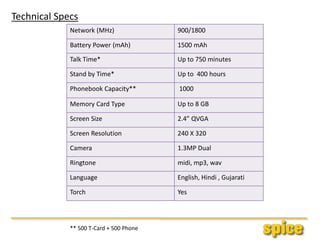 Technical Specs
Network (MHz) 900/1800
Battery Power (mAh) 1500 mAh
Talk Time* Up to 750 minutes
Stand by Time* Up to 400 hours
Phonebook Capacity** 1000
Memory Card Type Up to 8 GB
Screen Size 2.4” QVGA
Screen Resolution 240 X 320
Camera 1.3MP Dual
Ringtone midi, mp3, wav
Language English, Hindi , Gujarati
Torch Yes
** 500 T-Card + 500 Phone
 