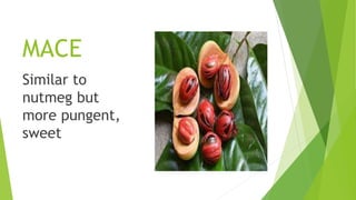MACE
Similar to
nutmeg but
more pungent,
sweet
 