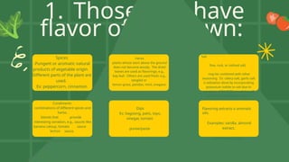1. Those that have
flavor of their own:
Spices
-Pungent or aromatic natural
products of vegetable origin.
Different parts of the plant are
used.
Ex: peppercorn, cinnamon
Herbs
plants whose stem above the ground
does not become woody. The dried
leaves are used as flavorings; e.g.,
bay leaf. Others are used fresh; e.g.,
tanglad or
lemon grass, pandan, mint, oregano
Salt
fine, rock, or iodized salt;
may be combined with other
seasoning. Ex: celery-salt, garlic-salt
o iodization done by incorporating
potassium iodide to salt due to
provision of RA 8172 mandating all
salt to be fortified with iodine.
Condiments
combinations of different spices and
herbs.
blends that provide
interesting variation, e.g., sauces like
banana catsup, tomato sauce
lechon sauce,
Worceshire sauce, Tabasco
Dips
Ex: bagoong, patis, toyo,
vinegar, tomato
puree/paste
Flavoring extracts o aromatic
oils.
Examples: vanilla, almond
extract,
lemon extract,etc.
 