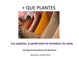 + QUE PLANTES




Les espècies, a cavall entre la Farmàcia i la cuina

         Col·legi de Farmacèutics de Barcelona

                 Barcelona, maig de 2012
 